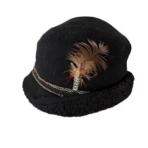 Men's Bavarian Alpine Hat Wool Fur Black Feather Rope Band Oktoberfest Vintage